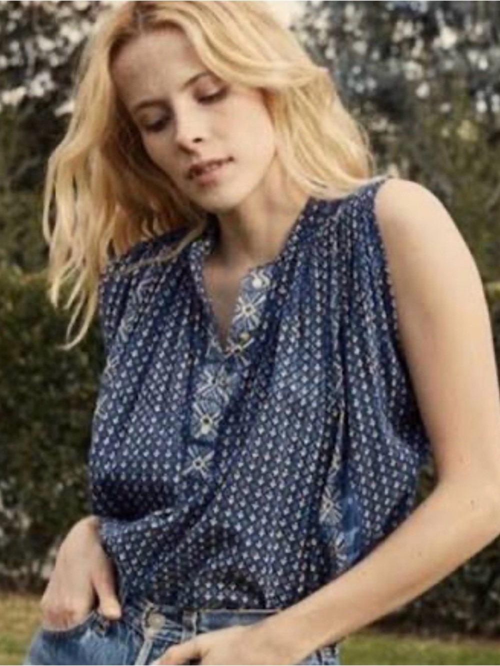 Doen Darjeeling sleeveless top block print blue size xs